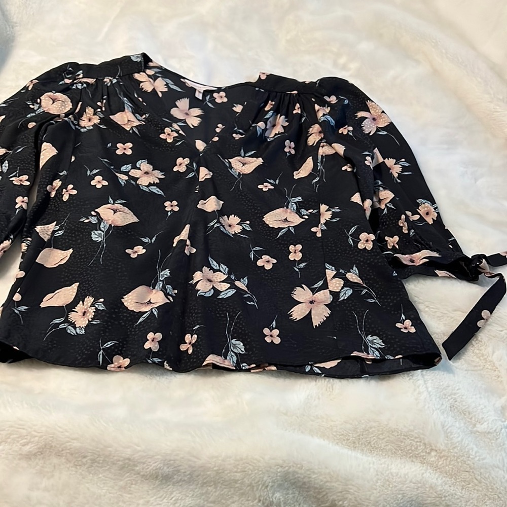 Floral silk blouse with tie detail at sleeves